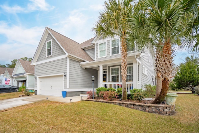 view of front facade featuring concrete driveway, a garage, covered porch, and a front yard