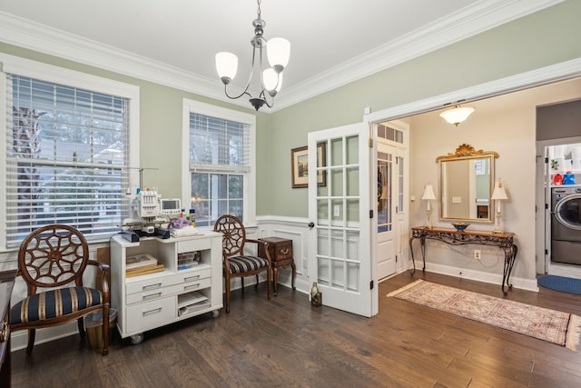 office space featuring washer / clothes dryer, an inviting chandelier, wainscoting, crown molding, and dark wood-style flooring