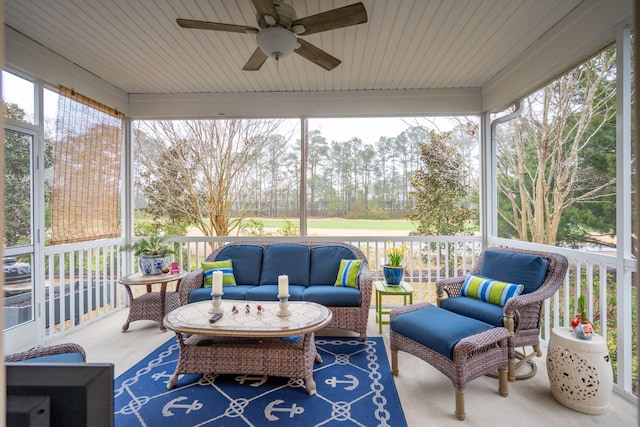 sunroom featuring wooden ceiling and a ceiling fan