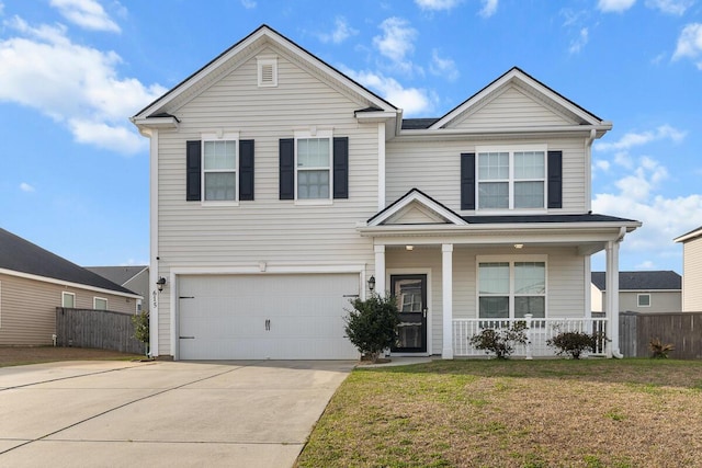 traditional home with driveway, a porch, an attached garage, and fence