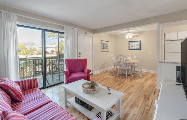 living area featuring light wood-type flooring, plenty of natural light, and baseboards