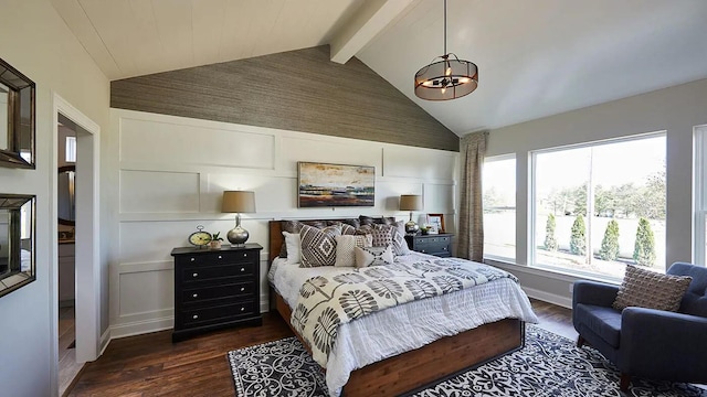 100 Fish Rd, Ridgeville, SC 29472 - bedroom featuring high vaulted ceiling, a chandelier, beam ceiling, and dark wood-type flooring