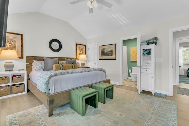 1682 Camfield Ln, Mount Pleasant, SC 29466 - bedroom featuring vaulted ceiling, light wood finished floors, ensuite bath, and a ceiling fan