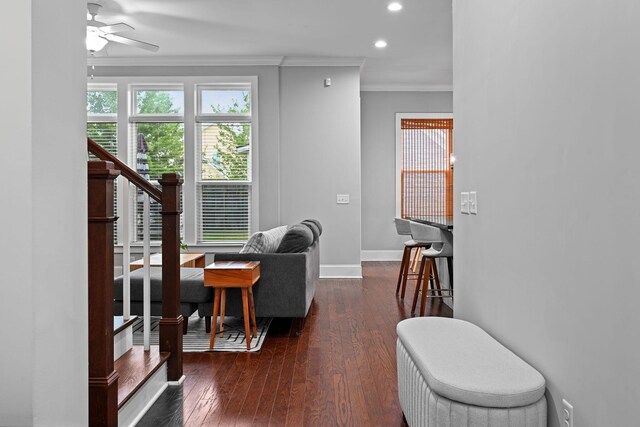 410 Eliston St, Summerville, SC 29486 - living room featuring crown molding, a ceiling fan, recessed lighting, baseboards, and dark wood finished floors