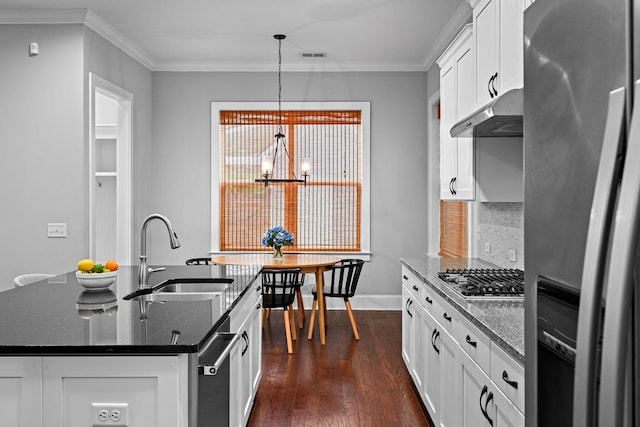 410 Eliston St, Summerville, SC 29486 - kitchen featuring appliances with stainless steel finishes, a sink, a chandelier, dark wood-style floors, and under cabinet range hood