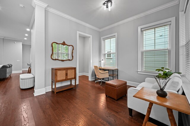 410 Eliston St, Summerville, SC 29486 - living area with ornamental molding, wood finished floors, baseboards, recessed lighting, and an office area