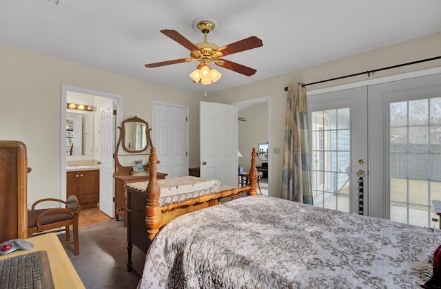 bedroom with connected bathroom, access to exterior, ceiling fan, and french doors