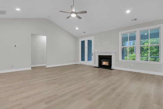395 Wappoo Trace Ln, Summerville, SC 29486 - unfurnished living room featuring ceiling fan, lofted ceiling, light wood-style floors, a fireplace with flush hearth, and recessed lighting