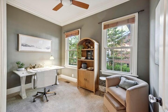 2206 Weepoolow Trl, Charleston, SC 29407 - home office with crown molding, light carpet, baseboards, and a ceiling fan