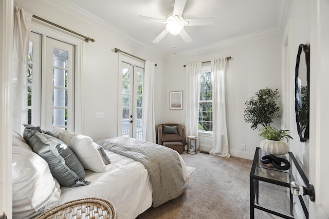 2206 Weepoolow Trl, Charleston, SC 29407 - bedroom featuring access to exterior, multiple windows, light colored carpet, crown molding, and ceiling fan