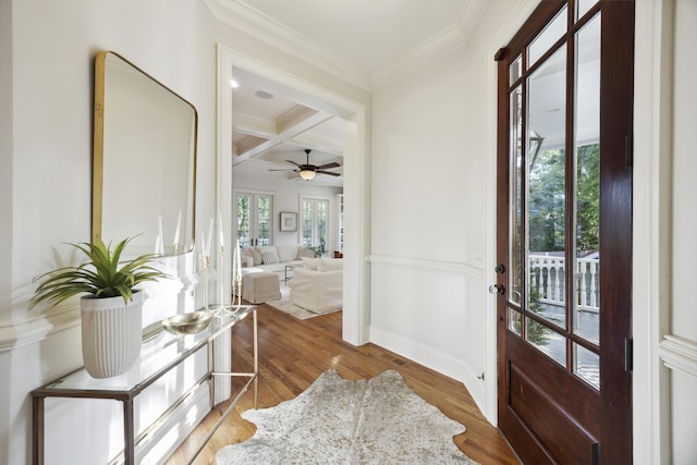 2206 Weepoolow Trl, Charleston, SC 29407 - entrance foyer featuring coffered ceiling, ornamental molding, wood finished floors, beamed ceiling, and a ceiling fan