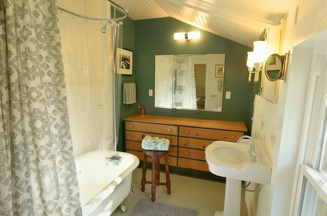 bathroom with independent shower and bath and vaulted ceiling