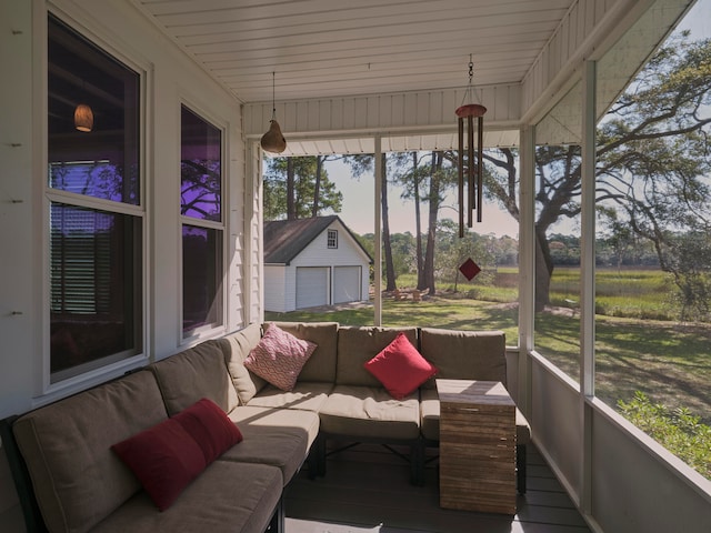 sunroom with wooden ceiling