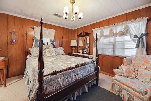 bedroom with ornamental molding, wooden walls, light carpet, and a chandelier