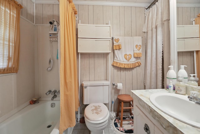 full bathroom with vanity, shower / bath combination with curtain, and toilet