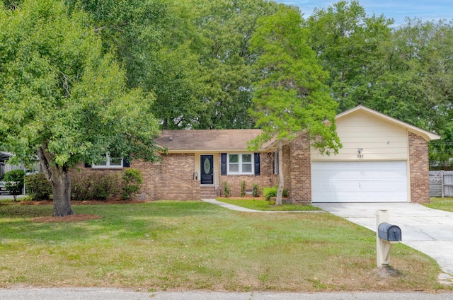 single story home with roof with shingles, an attached garage, a front lawn, brick siding, and concrete driveway