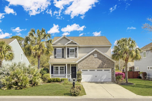 view of front of house with a porch, concrete driveway, a front yard, and fence