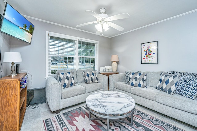 tiled living room with crown molding and ceiling fan