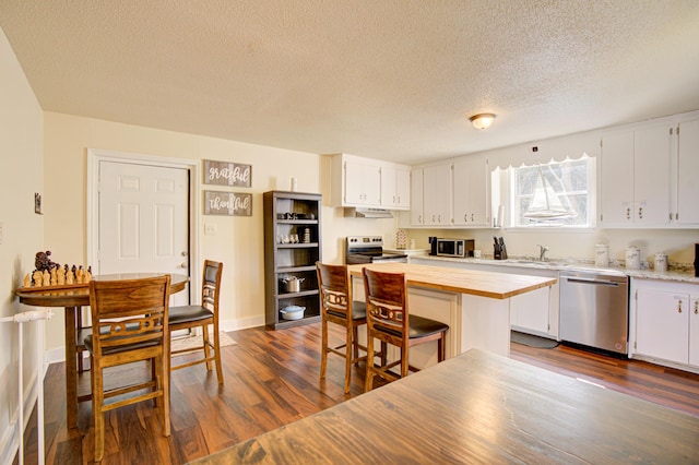kitchen featuring dark wood-style floors, a textured ceiling, a sink, wood counters, and stainless steel appliances