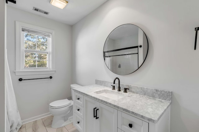 full bath with a shower, marble finish floor, visible vents, toilet, and vanity