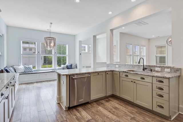 1485 Bourne Xing, Mount Pleasant, SC 29466 - kitchen with stainless steel dishwasher, open floor plan, a chandelier, dark wood-style flooring, and light stone countertops