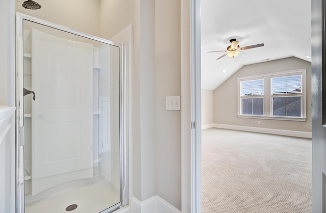 1485 Bourne Xing, Mount Pleasant, SC 29466 - bathroom with a stall shower, ceiling fan, and lofted ceiling