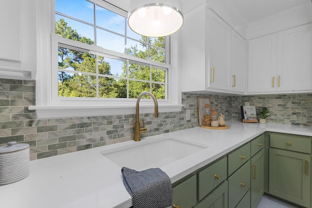 3385 Wayland Dr, Ladson, SC 29456 - kitchen with green cabinetry, white cabinetry, and light countertops
