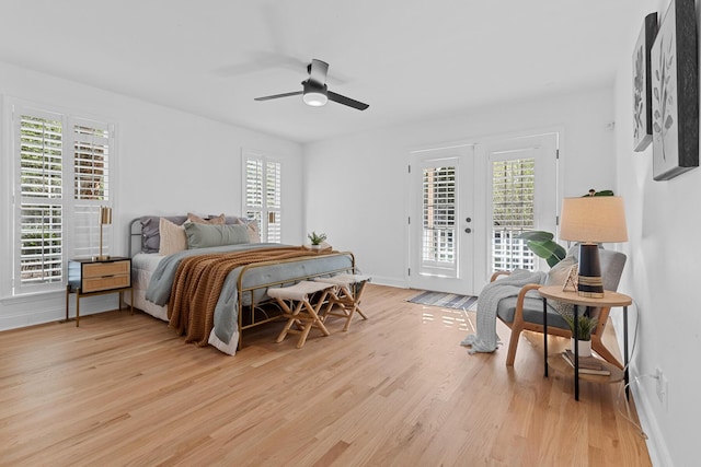 3385 Wayland Dr, Ladson, SC 29456 - bedroom with access to exterior, french doors, light wood-style flooring, and a ceiling fan