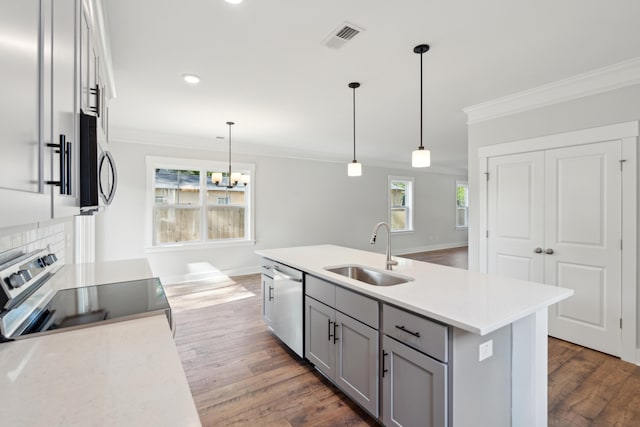 kitchen featuring sink, hanging light fixtures, gray cabinets, a center island with sink, and appliances with stainless steel finishes