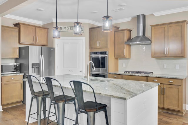 kitchen with light wood-type flooring, appliances with stainless steel finishes, a large island with sink, pendant lighting, and wall chimney exhaust hood