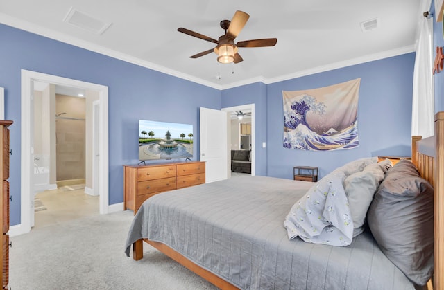 carpeted bedroom with ceiling fan, connected bathroom, and ornamental molding