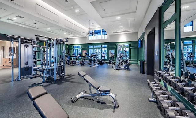 305 Archar St, Summerville, SC 29486 - gym with a towering ceiling, ceiling fan, and a decorative wall