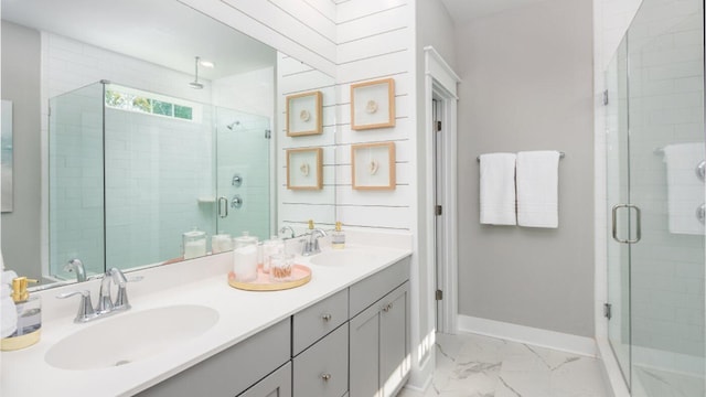 305 Archar St, Summerville, SC 29486 - full bathroom featuring a stall shower, double vanity, and marble finish floors