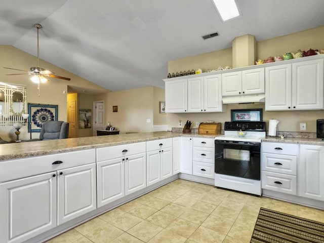 kitchen with white cabinetry, kitchen peninsula, vaulted ceiling, and white electric range oven