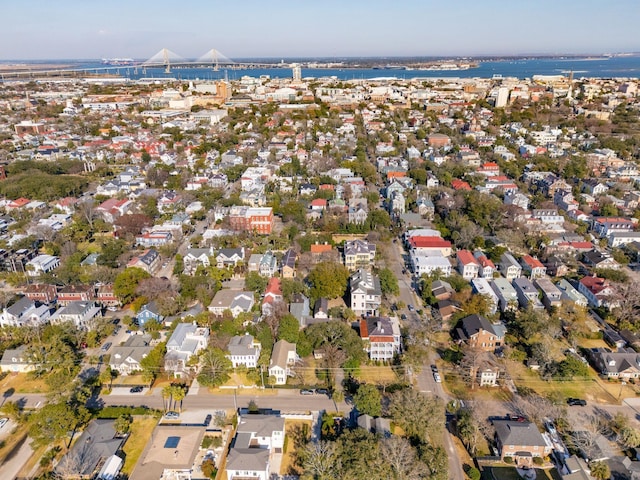 aerial view featuring a water view and a residential view