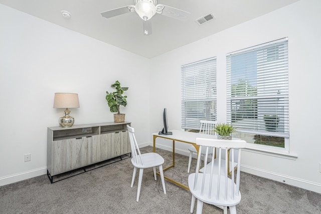 home office featuring ceiling fan and carpet floors