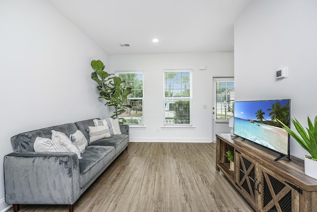 living room with light hardwood / wood-style floors