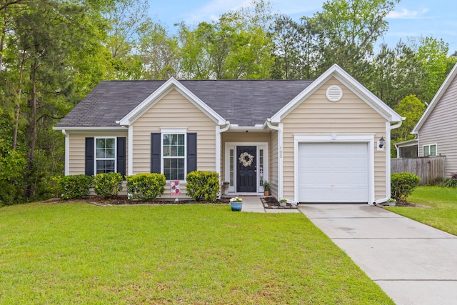 single story home featuring driveway, a garage, fence, and a front lawn