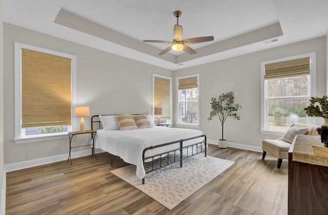 bedroom featuring ceiling fan, wood-type flooring, and a tray ceiling