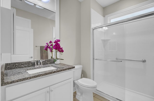 bathroom with tile patterned flooring, toilet, an enclosed shower, and vanity