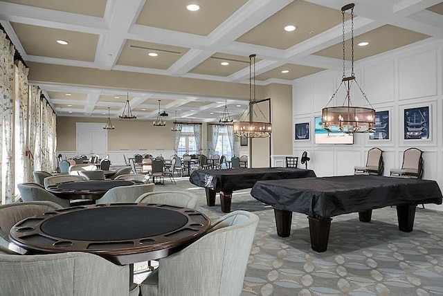 recreation room with coffered ceiling, beamed ceiling, a notable chandelier, light colored carpet, and pool table