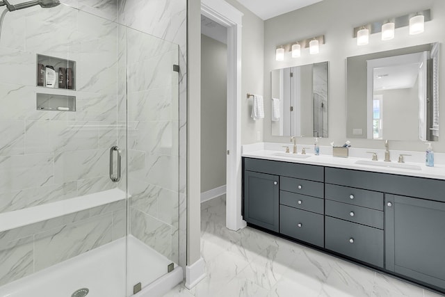 bathroom featuring vanity and walk in shower