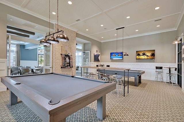 recreation room featuring carpet floors, crown molding, and billiards