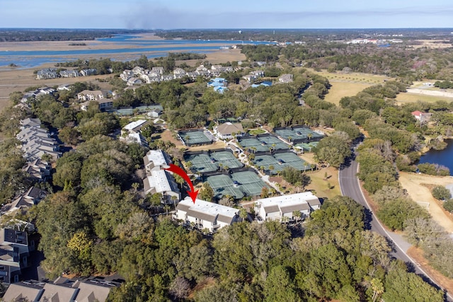 bird's eye view with a water view