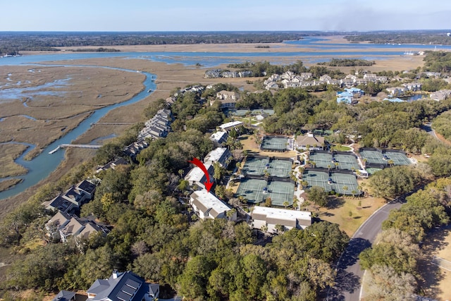 birds eye view of property with a residential view and a water view