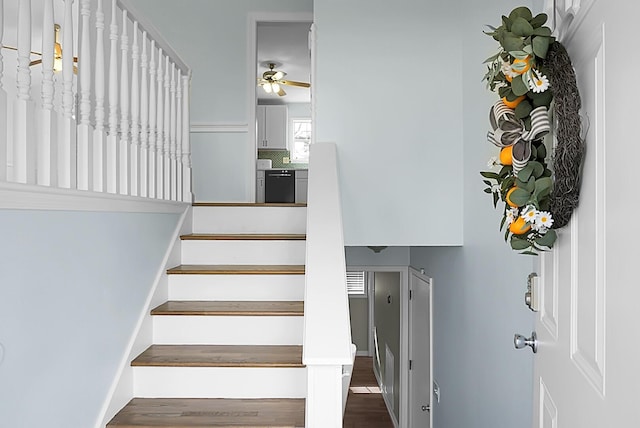 staircase featuring wood finished floors and a ceiling fan