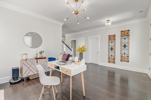 dining area with dark hardwood / wood-style flooring, crown molding, and a chandelier