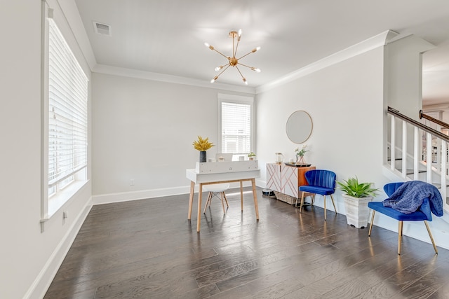 home office featuring a notable chandelier, crown molding, and dark wood-type flooring