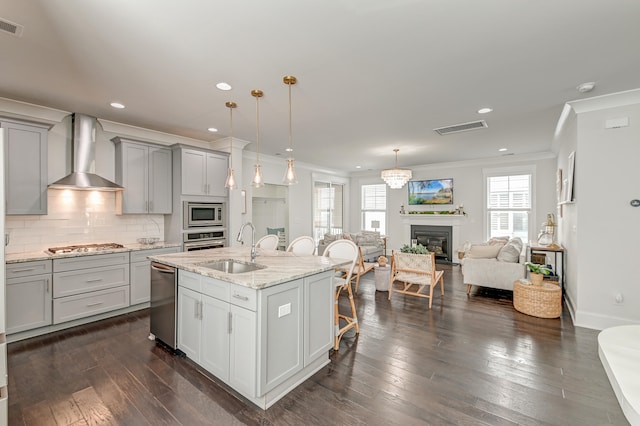 kitchen featuring stainless steel appliances, an island with sink, wall chimney exhaust hood, dark hardwood / wood-style flooring, and ornamental molding