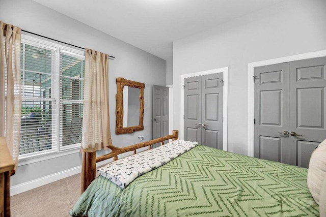 bedroom featuring two closets, carpet floors, and multiple windows